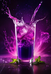 Bright purple cold cocktail with ice in a transparent glass and splashes on the background of futuristic mystical esoteric blur elements. Side view