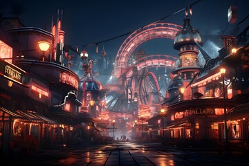 Futuristic city at night. Digital painting. 3d rendering