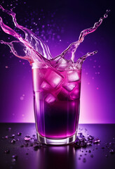 Bright purple cold cocktail with ice in a transparent glass and splashes on the background of futuristic mystical esoteric blur elements. Side view