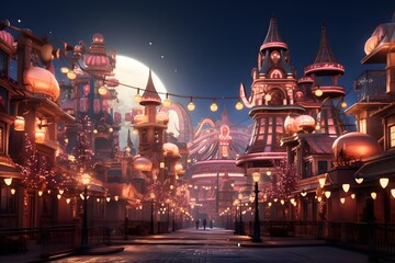 Amusement park at night. Panorama. 3d rendering - obrazy, fototapety, plakaty