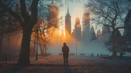 Fototapeta premium Alone person walking in the central park