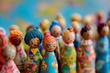 Fototapeta premium Multi cultural Human figures and world globe map concept banner, human puppet figures and globe, international world population and ethnicity concept banner, elegant puppet figures standing in row