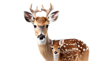 Deer and Her Baby Close-up View on White Background