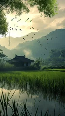 Gordijnen Early morning at a Craftsman house, overlooking a serene rice paddy field with birds gliding over © Naheed_Art