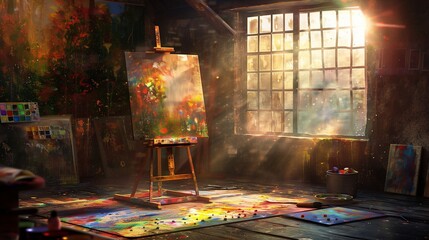 An intimate scene of a painter's studio, with a canvas on an easel capturing a moment of creation,...