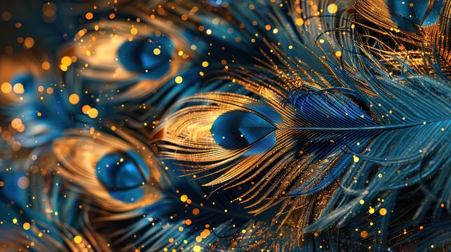 blue and gold colors feathers background as beautiful abstract wallpaper header