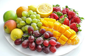 Fruit Platter with Red Grapes, Green Grapes, Mango, Lemon, Orange and Strawberry on whiteisolated on solid white background.