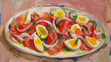  A painting of a platter with eggs, tomatoes, onions, and green leaves on a pink background
