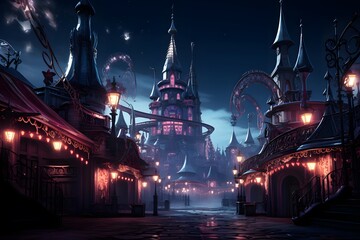 Fantasy illustration of magic fairytale castle at night. 3D rendering