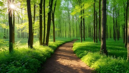 Tranquil Morning Sunlit Footpath in Deciduous Forest - Nature Walk, Outdoor Recreation, Health and Wellness, Environmental Conservation
