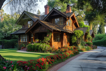 Early morning Craftsman house on a quiet cul-de-sac with a flower-lined street - obrazy, fototapety, plakaty