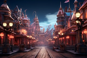 3D render of a fantasy city at night with lanterns.