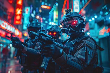 futuristic swat soldier squad with mask in a cyberpunk city