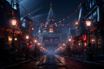 3d illustration of a night city street with lanterns and buildings