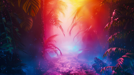 Obraz na płótnie Canvas Neon Glow Tropical Night with Palm Silhouette Illustration