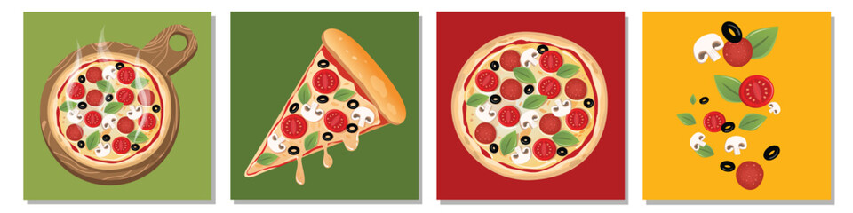 Hot whole pizza, slice and ingredients design elements set collection Italian food Pizza with tomato, basil leaves, black olives, mushrooms and mozzarella cheese Hot pizza isolated on white background