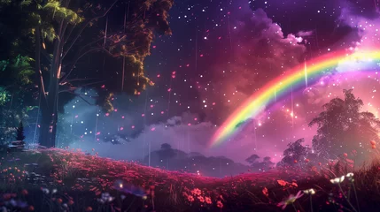 Foto op Plexiglas Enchanted Forest with Rainbow and Night Sky © heroimage.io