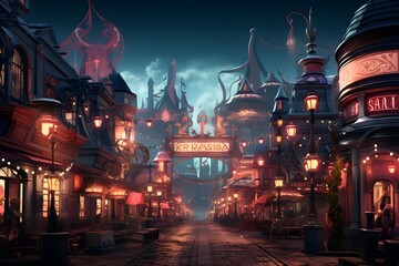 3d render of a night city street with buildings and lanterns