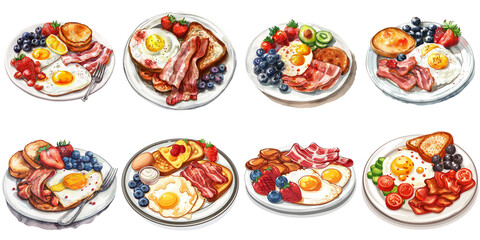 Set of american breakfast png water color mockup in 3d without backoground for decoration. - obrazy, fototapety, plakaty
