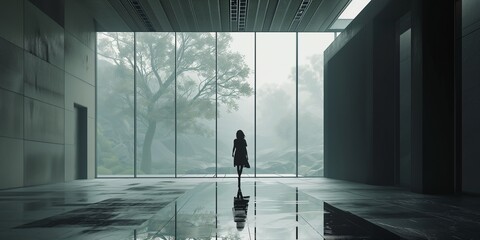 A solitary figure traverses a modern, glass-enclosed walkway surrounded by nature