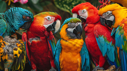 Vivid Portrait of Parrots: A Mosaic of Colors and Textures - obrazy, fototapety, plakaty