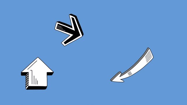 3 frame by frame animated cartoon  arrows on a transparent background. Comic outline hand drawn style.