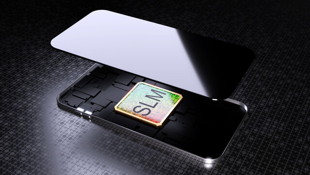 Abstract 3d render of a mobile phone with the screen lifted up to reveal a large colorful silicon chip with the letters SLM on it.  SLM is an acronym for Small Language Model.