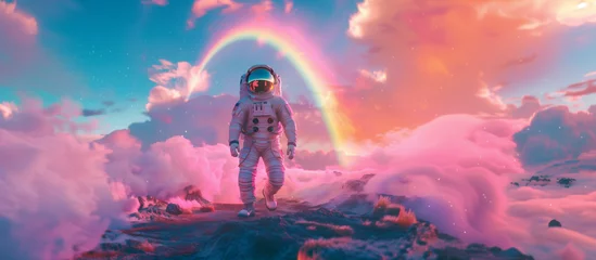 Fototapeten Sci-fi landscape with rainbow and astronaut © Sunny 5
