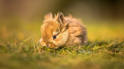  A small rabbit with brown and white fur, sitting on green grass and facing the camera