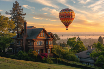 Fototapeta na wymiar Early morning Craftsman house on a hill with a colorful hot air balloon festival in the background