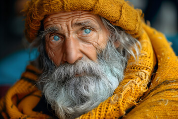 Homeless man on city street. Old sad man sleeping on cardboard in torn clothes seeking help, hungry poor person concept