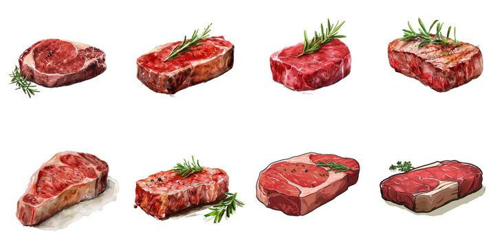 Raw beef png set water color in 3d transparent no background.