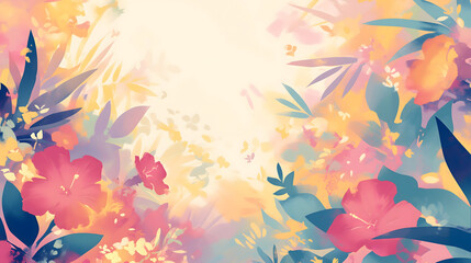 Summer background with illustration of tropical flowers and foliage, lot of empty copy space for text. Positive happy vibes.