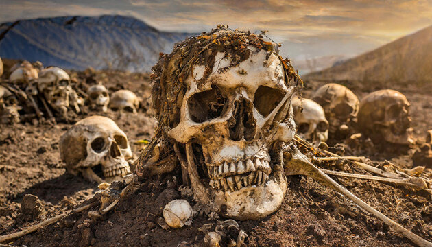 Skeletal remains of fallen warriors of war, illustration.