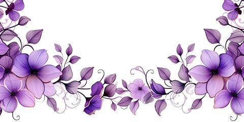 Violet thin barely noticeable flower frame with leaves isolated on white background pattern