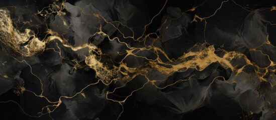 A detailed shot featuring the intricate patterns of a black and gold marble texture, resembling a terrestrial plant from a dark landscape in the night sky