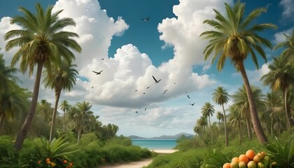 a beautiful scene of a natural environment with palm tress  fruit tress birds greenery and clouds...