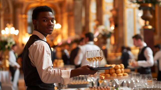 Luxurious event with diverse guests, professional waiter serving champagne