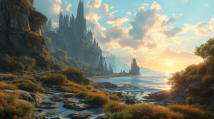 Discover an ethereal fantasy landscape, where nature and magic entwine in serene beauty, under a radiant sky - obrazy, fototapety, plakaty