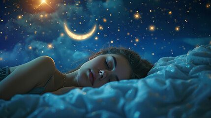 A woman sleeping on bed with a star on sky