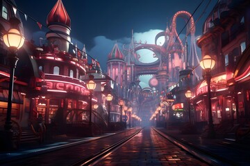 Amusement park at night with neon lights. 3d rendering