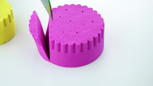 Very Satisfying and Relaxing Kinetic Sand ASMR video. Cutting anti stress macro close up colorful Kinetic Sand with a Knife. ASMR sounds.
