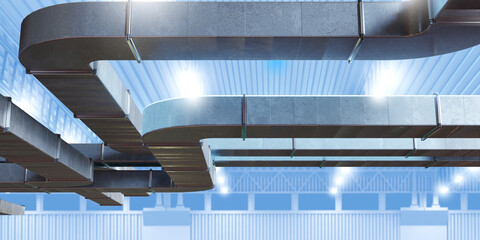Contemporary Air Duct Network in Industrial Premises Under Artificial Lights 3d image