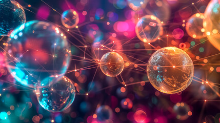 Abstract network globes with colorful bokeh background - obrazy, fototapety, plakaty