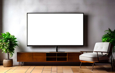 Interior has vintage feel with projector screen. TV white layout with empty copy screen space for advertising. Concepts any company. Copyright space on isolate. Large space for an inscription or logo