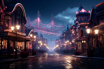 Fantasy city at night, 3d rendering. Computer digital drawing.