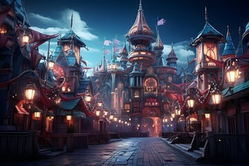Magic fantasy city at night. Panoramic view of the fairytale town.