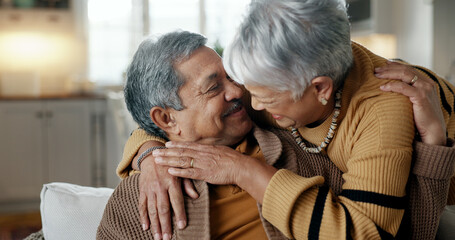 Home, hug and senior couple with love, marriage and retirement with support, bonding and care....