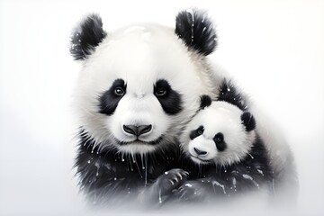 Naklejka premium Panda Mother and Cub Close-up with White Background
