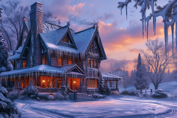 Evening Craftsman house in a winter landscape with icicles hanging from the eaves - obrazy, fototapety, plakaty